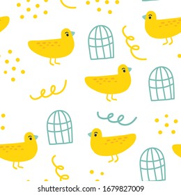 Seamless pattern of yellow birds. birdcage and yellow cartoon birds.Suitable for wrapping paper and bedding.