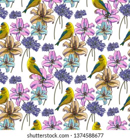 Seamless pattern of yellow birds and flowers. Birds and blue, yellow and pink flowers on a white background.