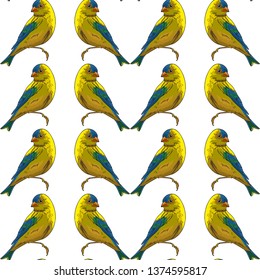Seamless pattern of yellow birds on a white background.