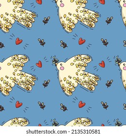 seamless pattern with yellow birds with plants and red hearts on blue background. Bright doodle style. cute vector illustration