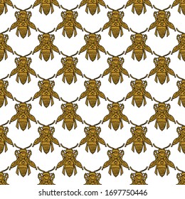 Seamless pattern of yellow black bee on white background. Digitally embroidered bee icon. Great for interior decorating. Vector stock illustration.