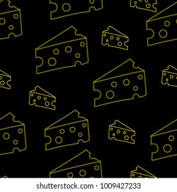 Seamless pattern in yellow and black colors. Cheese in cartoon style. 