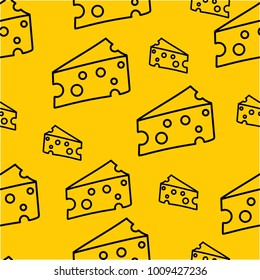 Seamless pattern in yellow and black colors. Cheese in cartoon style. 