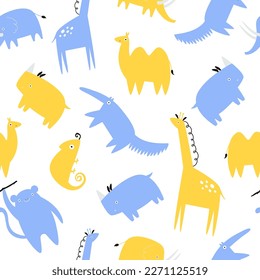 Seamless pattern with yellow and blue african animals. Illustrations in a modern style for prints, clothing, packaging and postcards.