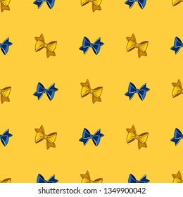 Seamless pattern with yellow and blue bows. Background for invitations, greeting cards, prints, fabric, apparel. Cartoon style drawings. Hand drawn vector illustration.