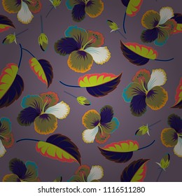 Seamless pattern in yellow and blue colors. Vector hand drawn painting of yellow and blue hibiscus flowers.