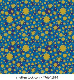 Seamless pattern with yellow, blue ditsy flowers, dots on navy blue background. Floral background. Vector illustration.