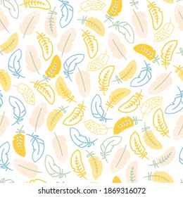 Seamless pattern Yellow and blue feathers . Cute background for wrapping paper or textiles