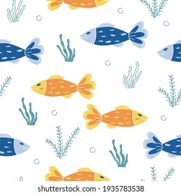 Seamless pattern with yellow and blue fish, coral, bubbles, seaweed on white background