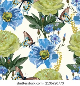 Seamless pattern with yellow blue flowers of traditional Ukraine colors on a white background with sequins. Hand drawn sketch. Template for floral textile design, paper, wallpaper, web.