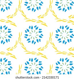  Seamless pattern with yellow and blue flowers and ears of wheat,Ukrainian ornament on a white background. Vector design for banners, souvenirs, textiles, wrapping paper, prints, decorations