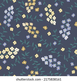 Seamless Pattern with Yellow and Blue Flowers on a dark Background