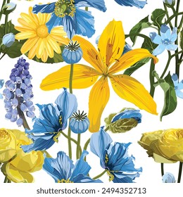 Seamless pattern with yellow blue flowers of traditional Ukraine colors on a white background with sequins. Hand drawn sketch. Template for floral textile design, paper, wallpaper, web.