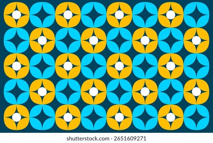nahtloses Muster mit gelben und blauen Blumen. Indonesisch ethnischen Stil Batik Hintergrund mit abwechselnden gelben und blauen Blumensymbolen. Designkunst mit floralem Hintergrund
