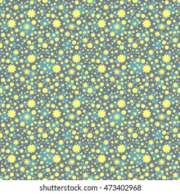 Seamless pattern with yellow, blue flowers, stars, dots on gray background. Vector illustration.
