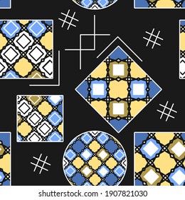 Seamless pattern with yellow and blue geometric shapes and other elements. Vector illustration