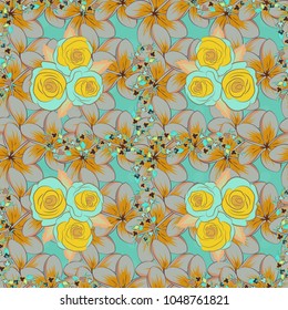 Seamless pattern with yellow, blue and gray rose flowers, vector floral illustration in vintage style.