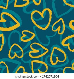 Seamless pattern with yellow and blue hearts on dark blue background. Vector design for textile, backgrounds, clothes, wrapping paper, web sites and wallpaper. Fashion illustration seamless pattern.