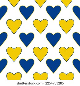 Seamless pattern of yellow and blue hearts on a white background