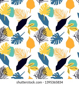 Seamless pattern with yellow and blue leaves. Bright tropical background.