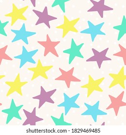 Seamless pattern with yellow, blue, pink and purple stars. Vector design for textile, backgrounds, clothes, wrapping paper, web sites and wallpaper. Fashion illustration hand drawn seamless pattern.