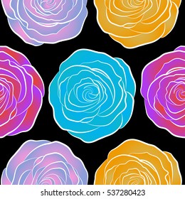 Seamless pattern with yellow, blue and pink rose flowers, vector floral illustration in vintage style.