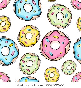 Nahtloses Muster mit gelben, blauen und violetten Donuts, handgezeichnete Illustration auf weißem, isoliertem Hintergrund