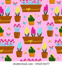 
Seamless pattern with yellow, blue and purple-pink hyacinthus in a pot, beautiful spring flowers in a brown pot, gift for Women's Day, vector illustration in cartoon style, flat, hand draw.