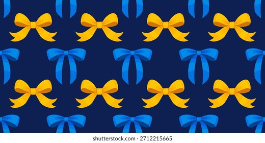 Patrón sin fisuras con lazos de cinta amarilla y azul sobre fondo azul oscuro. Patrón de Vector de estilo plano. Diseño decorativo brillante perfecto para envolturas de regalo, textiles, papelería y estampados festivos.