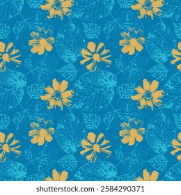 Seamless pattern with yellow and blue tree leaves and cosmos flowers stamps. Vintage nature grunge background. Floral inky repeat design.