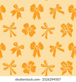 Seamless pattern yellow bow on background. Vector illustration in retro hand drawn style