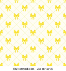 Seamless pattern of yellow bows and diagonal lines on a light yellow background