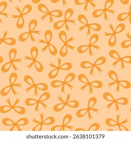 Seamless pattern of  yellow bows. Gift ribbons on checkered background. Coquette core cute trendy design. Design for wrapping paper, packaging, fabric, textile, home decor, gifts