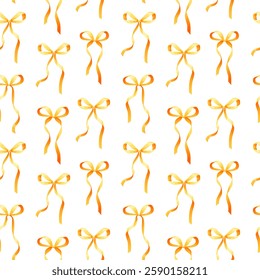 Seamless pattern with yellow bows and hair ribbons. Wavy yellow bows pattern on white background. Vintage celebration concept, party decoration. Pastel illustration for kids and adults.
