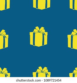 Seamless pattern of yellow boxes with gifts on a blue background