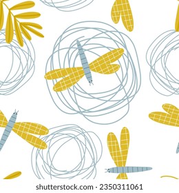 Seamless pattern with yellow branch with leaves, dragonfly and round doodles on white background for fabric textile, print, wallpaper, apparel, wrapping