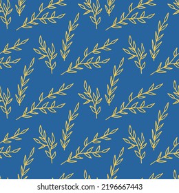 Seamless pattern with yellow branches on blue background. Vector image. Doodle style.