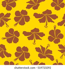 Seamless pattern in yellow, brown and beige colors. Vector vintage seamless tropical hibiscus flowers.