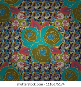 Seamless pattern with yellow, brown and blue rose flowers, vector floral illustration in vintage style.