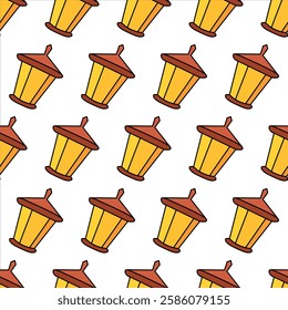 Seamless Pattern of Yellow and Brown Street Lamps Lanterns on White Background. Concept of Urban Lighting, Vintage Lanterns, Repetitive Design, Architectural Elements