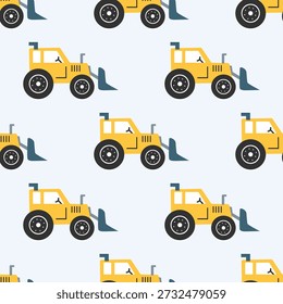 Padrão sem costura com veículos de construção bulldozer amarelo. Fundo de maquinaria infantil para design infantil, decoração de berçário e têxteis. Ilustração vetorial plana.