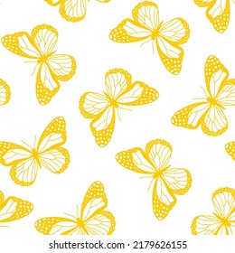 Seamless pattern with yellow butteflies and white background.