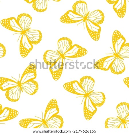 Seamless pattern with yellow butteflies and white background.