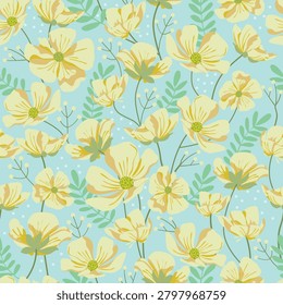 Seamless pattern with yellow buttercup flowers on light blue background