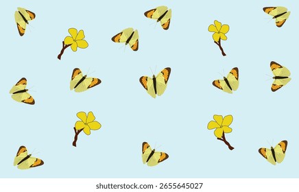 
"Padrão contínuo com borboletas amarelas e flores no fundo azul"