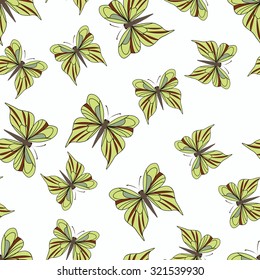 Seamless pattern with yellow butterflies on the white background. Vintage texture. Summer backdrop. Vector illustration.