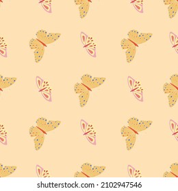 Seamless pattern with yellow butterfly on beige background. Ditsy summer background. Decorative elements for design