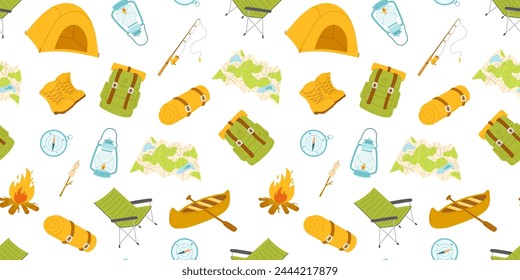 Seamless pattern with yellow camping tent, canoe and fishing rod isolated on white background