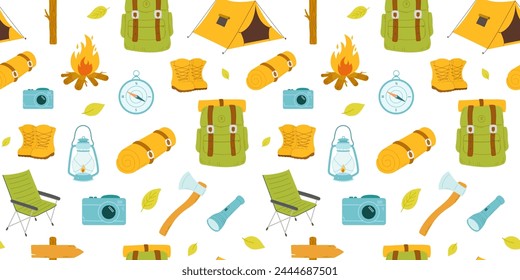 Seamless pattern with yellow camping tent, bonfire and compass isolated on white background. Summer adventure repeat backdrop