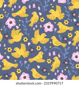 Seamless pattern with yellow canaries birds and flowers. Vector graphics.